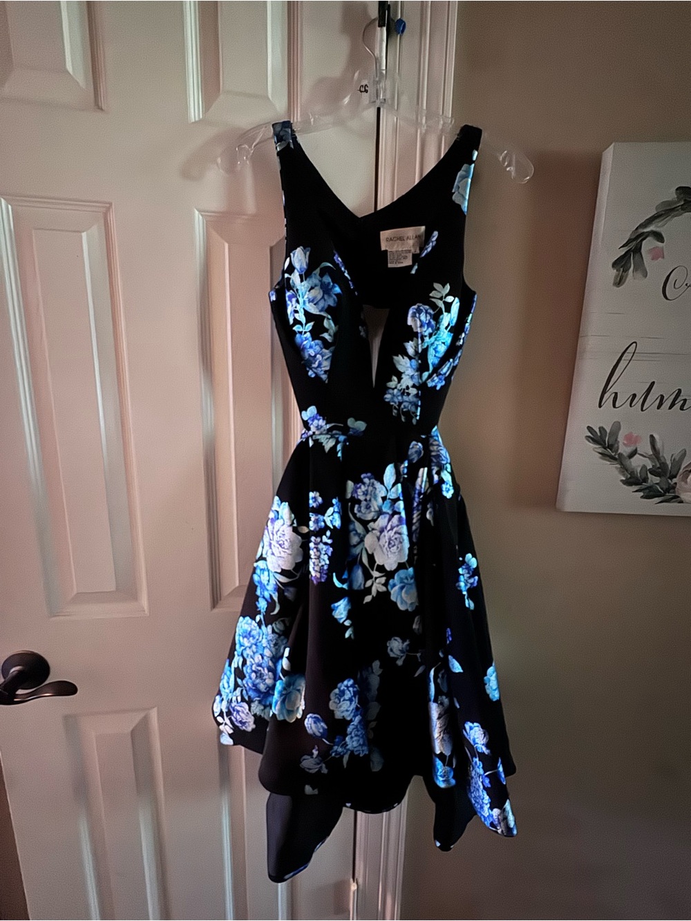 Rachel Allan Black Dress with Blue Floral Print